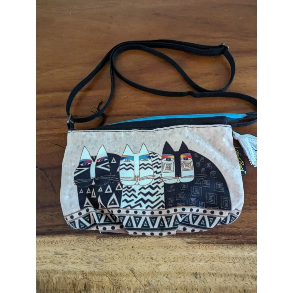Wild Cats Laurel Burch Small Canvas Cross-Body Tote Bag Fun Crazy Cat Lady EUC